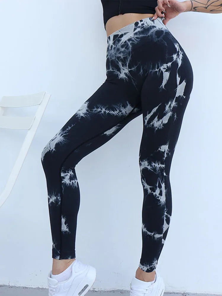 Fashion Tie-dye Ribbed High Waisted Yoga Leggings Women Tight Fitting Hip Lifting Yoga Pants