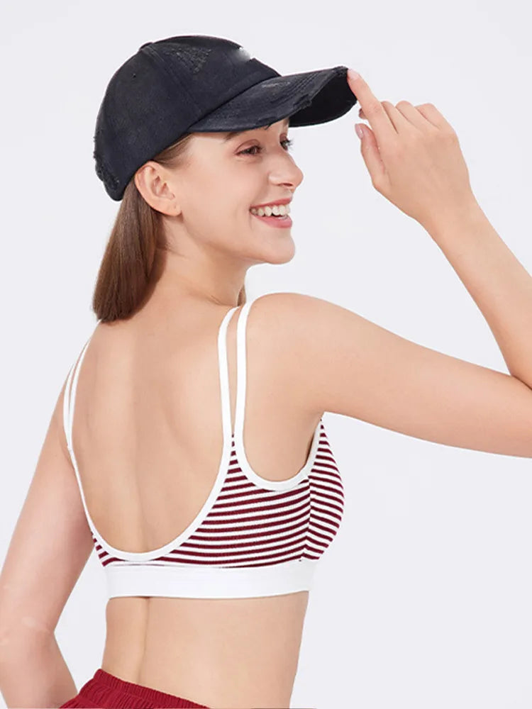 Fashion Contrast Striped Women Sports Yoga Bra Sexy U Back Running Shockproof Underwear Lady Workout Clothing Gym Top