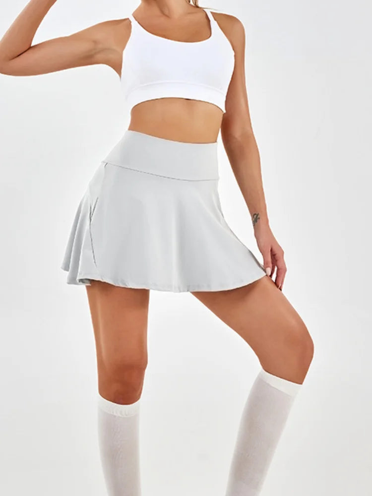 High Waist Pockets Women Pleated Mini Skirt Fashion Solid Fitness Yoga Tennis Skirt Fitness Workout Yoga Shorts Skirt